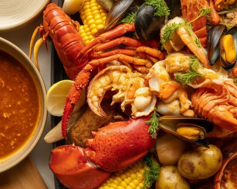 Delicious cajun seafood boil with shrimp, crab, sausages, potatoes, and corn in garlic butter sauce