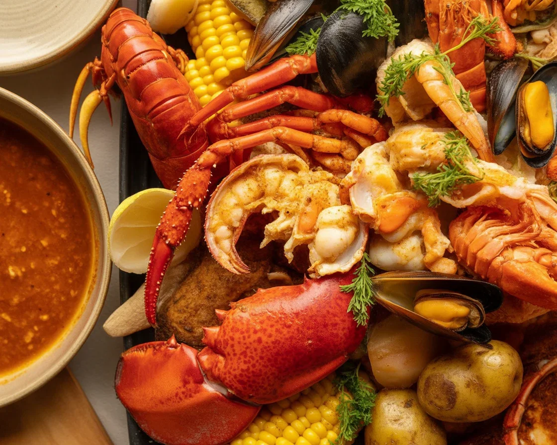 Delicious cajun seafood boil with shrimp, crab, sausages, potatoes, and corn in garlic butter sauce