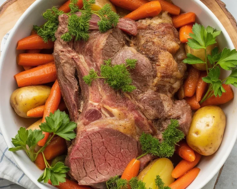 A delicious slow-cooked sirloin tip roast with vegetables in a crock pot.