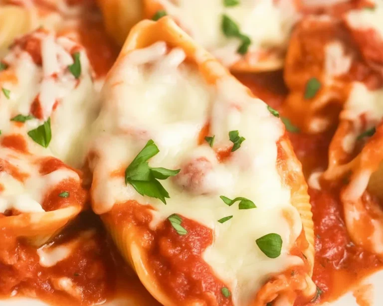 Delicious stuffed shells recipe with meat filling, topped with cheese and sauce.