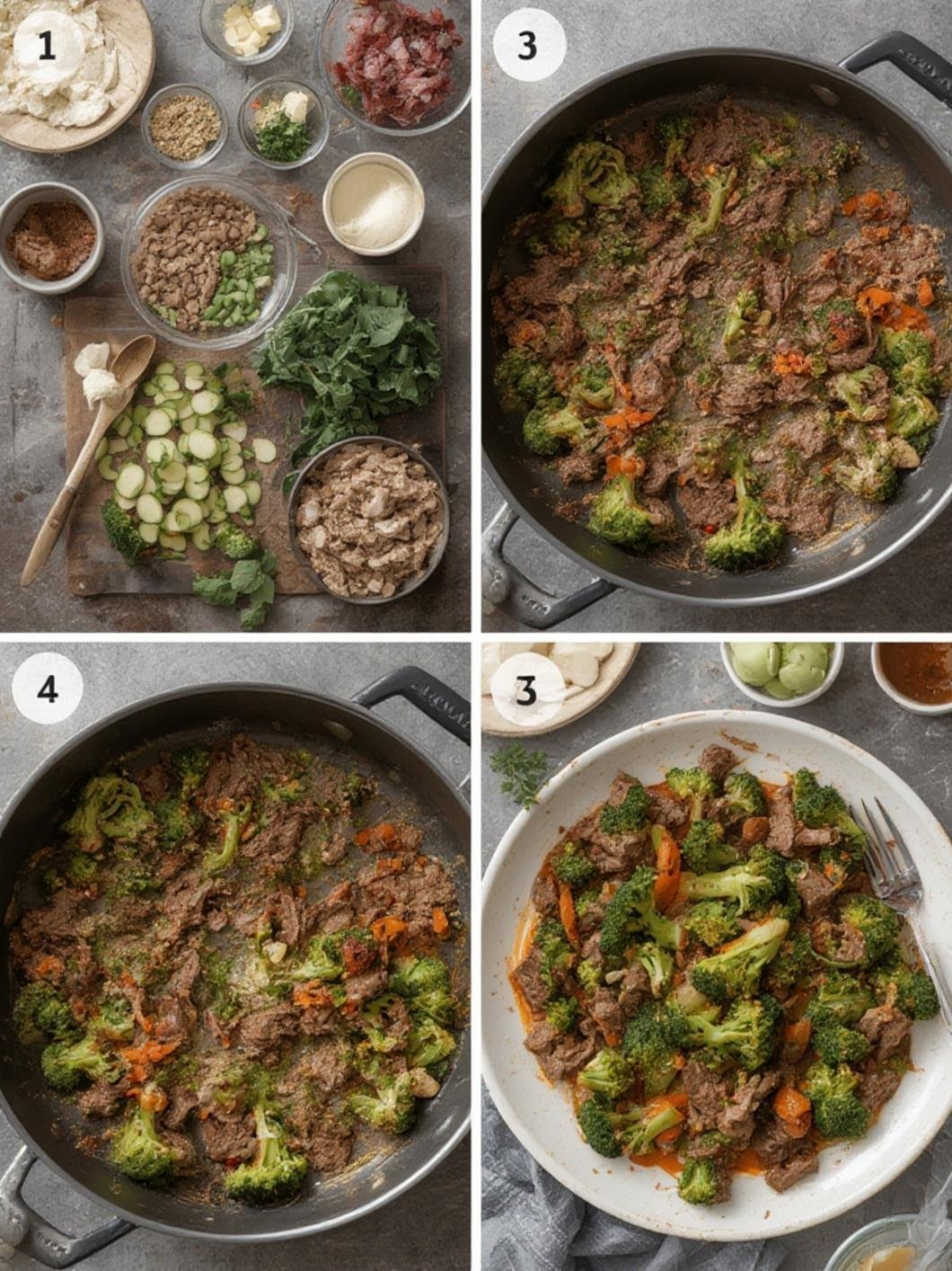 Step-by-step 4-grid of beef broccoli recipe