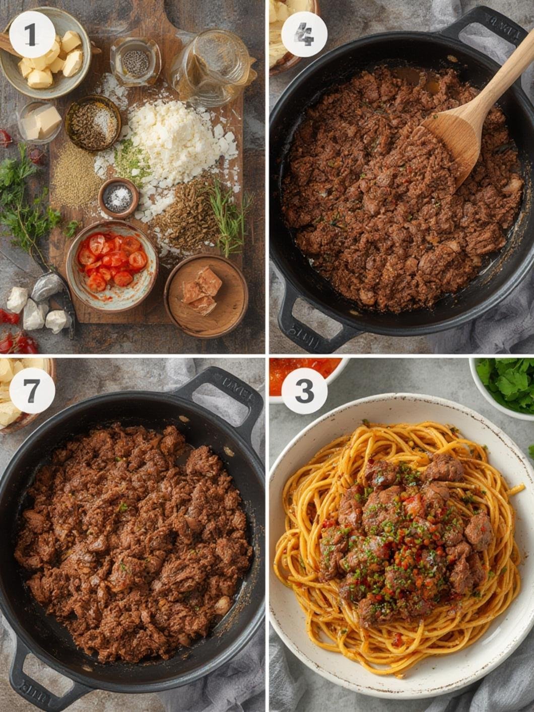 Step-by-step 4-grid of beef mince keto recipes