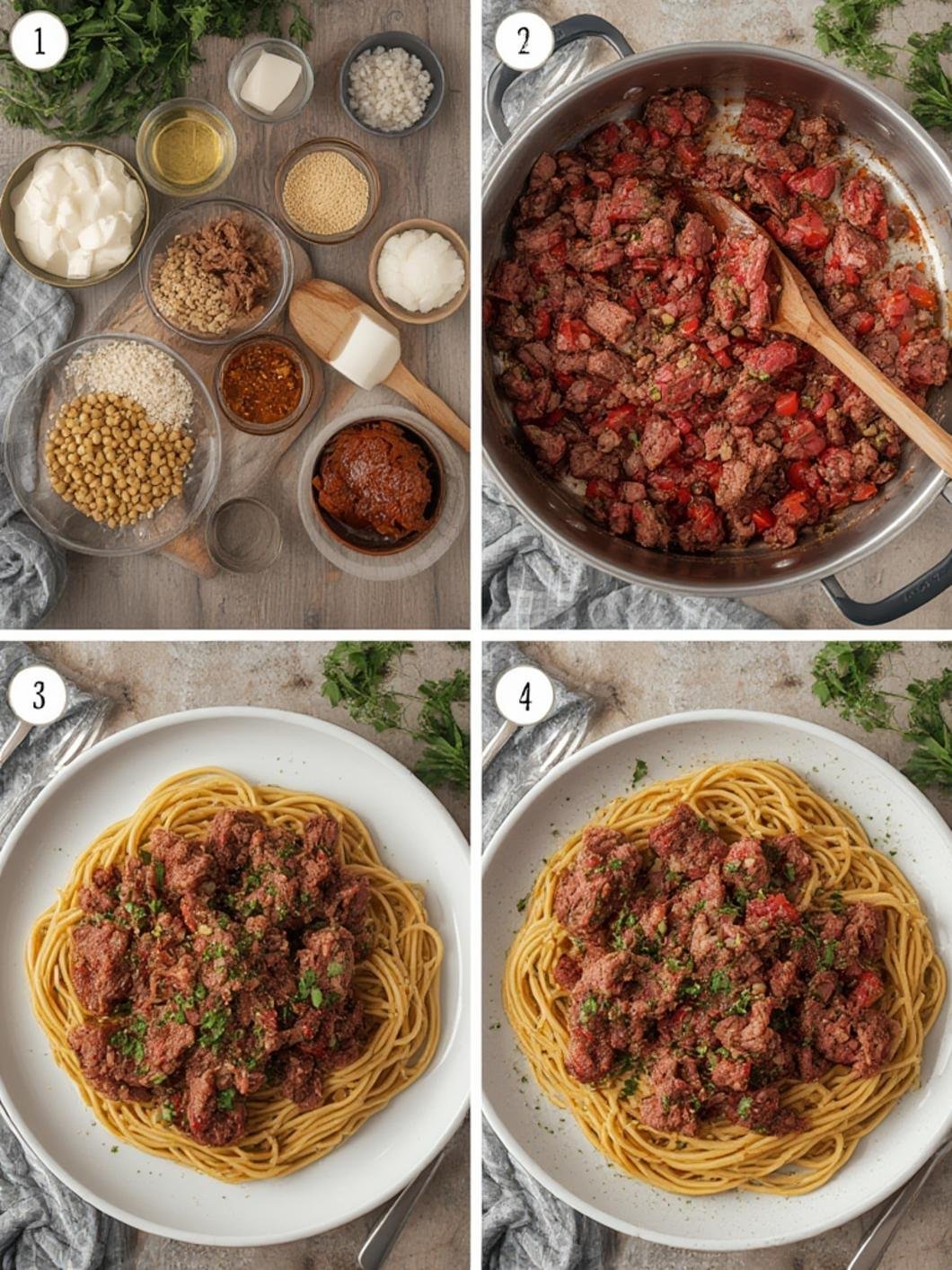 Step-by-step 4-grid of ground beef recipes